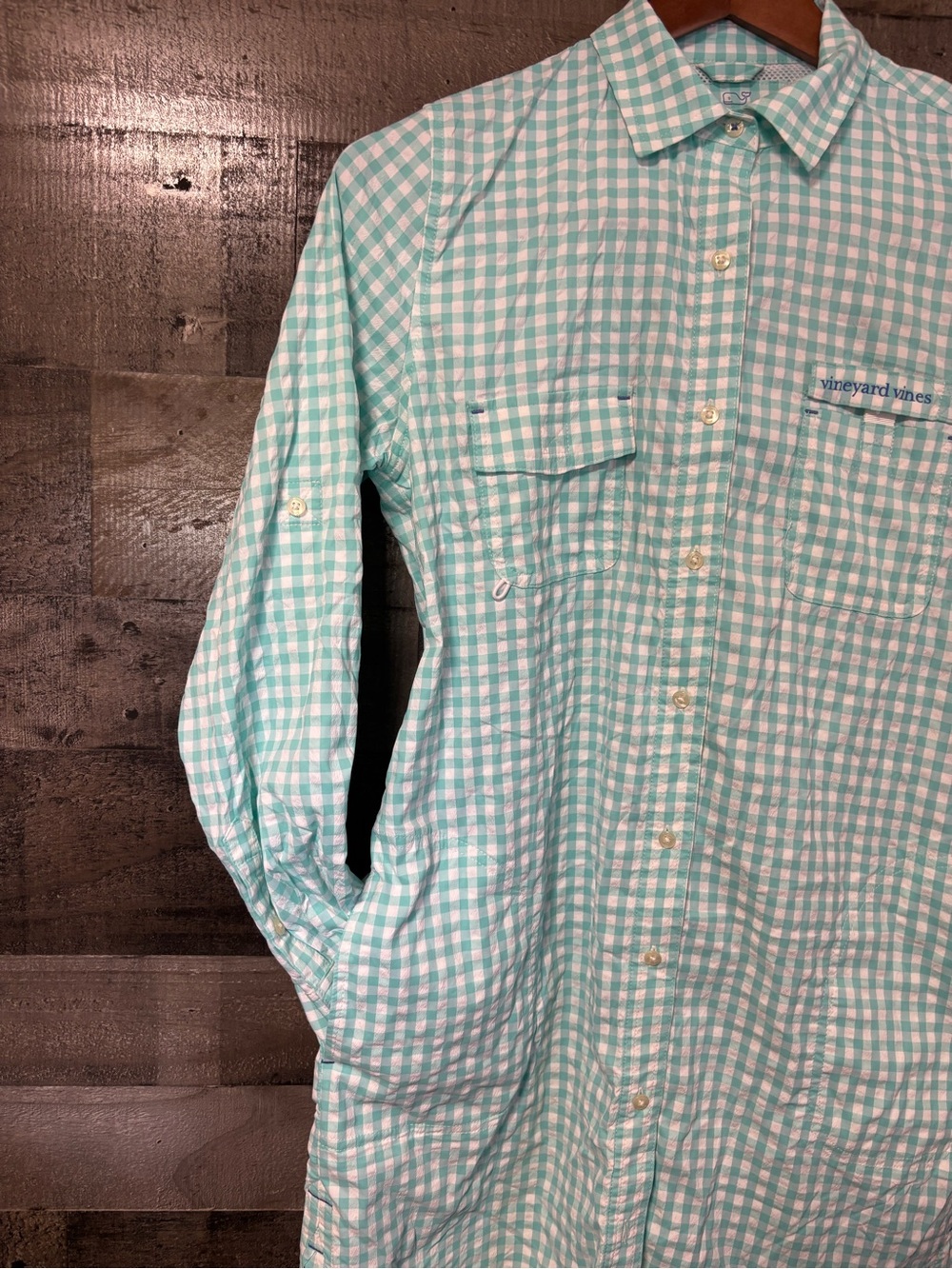 Vineyard Vines Performance Teal Gingham Long-Sleeve Button-Up Dress 6
